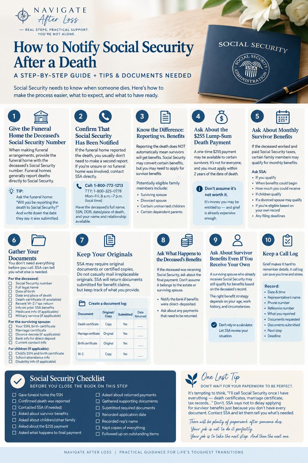 Ten-step checklist for notifying Social Security after a death, from confirming the report to asking about survivor benefits and keeping a call log.