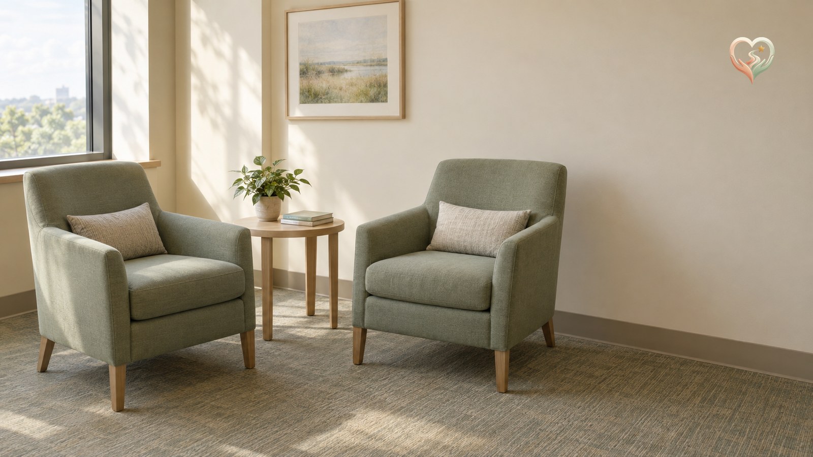 Two empty sage-green chairs beside a sunlit window in a quiet family consultation room, with the Navigate After Loss icon.