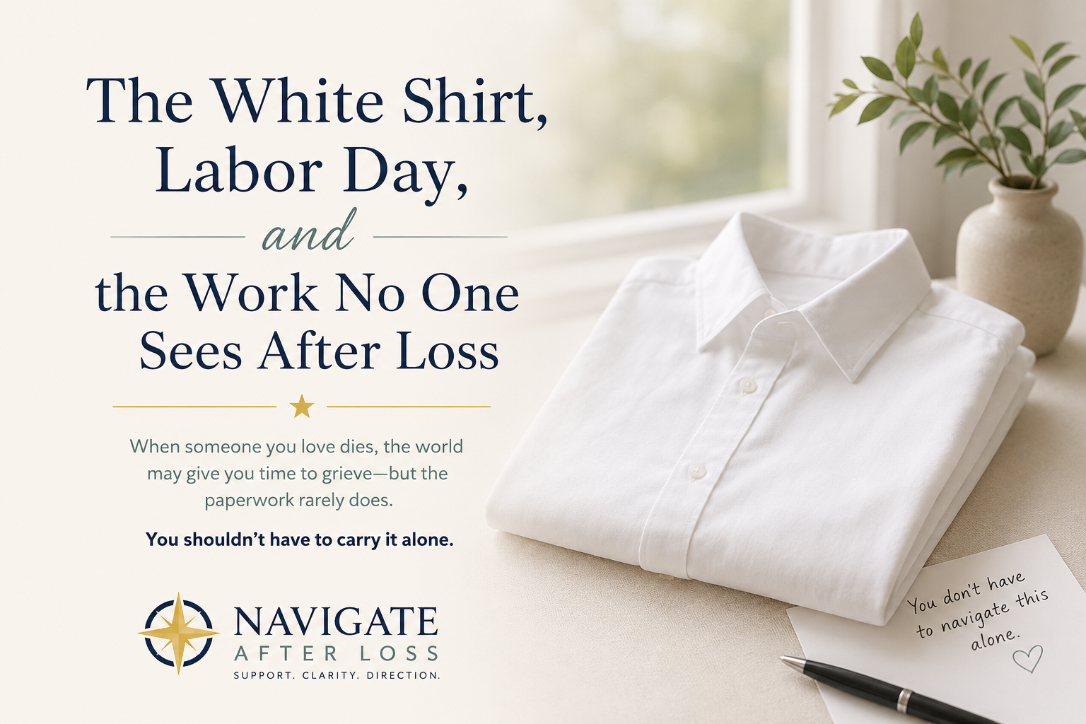 A crisp white shirt hanging beside a bright window and a small vase, overlaid with the article title: The White Shirt, Labor Day, and the Work No One Sees After Loss.